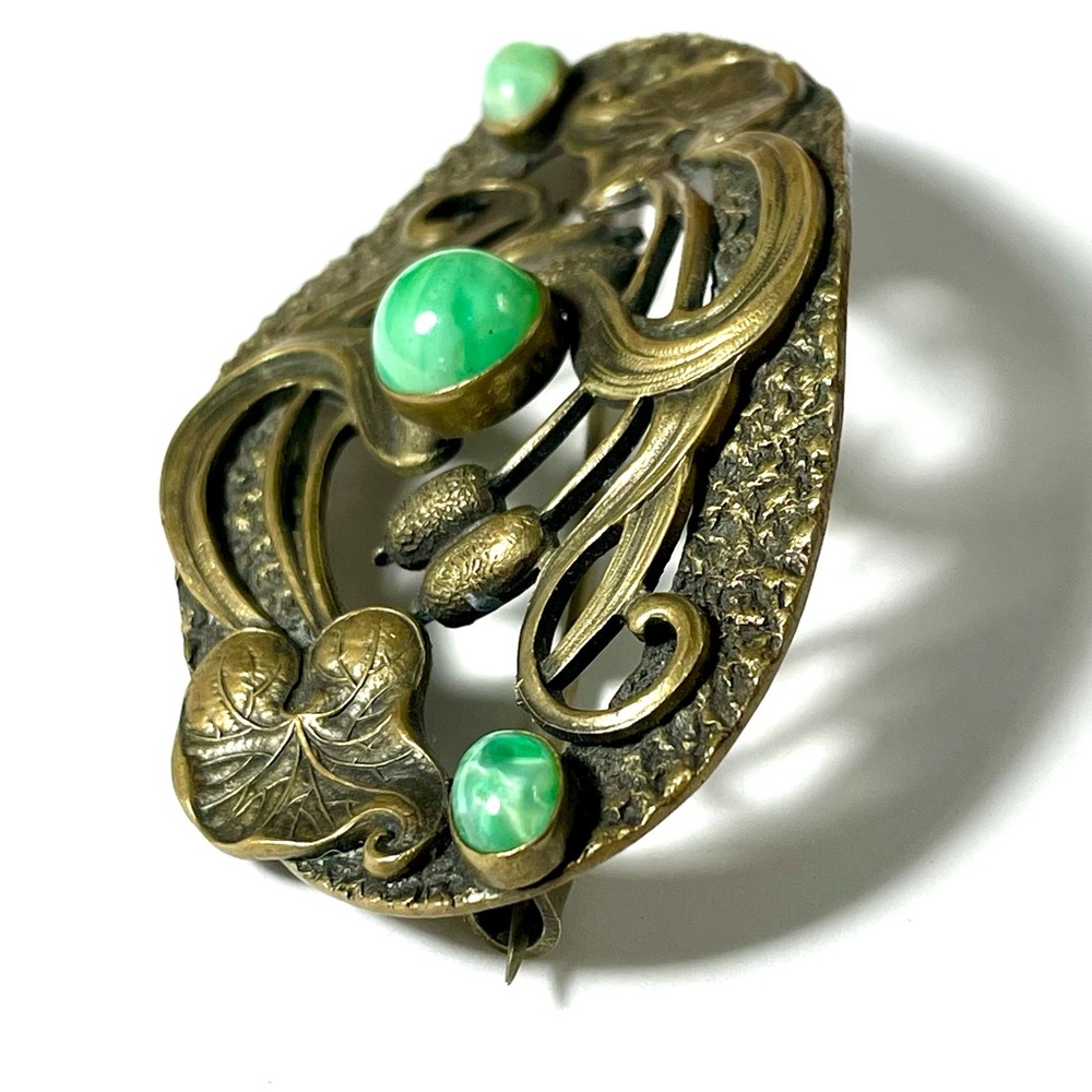 Fantastic Art Nouveau Brooch Brass Green Peking Glass Cabochons Nature Theme Pin - Picture 4 of 7